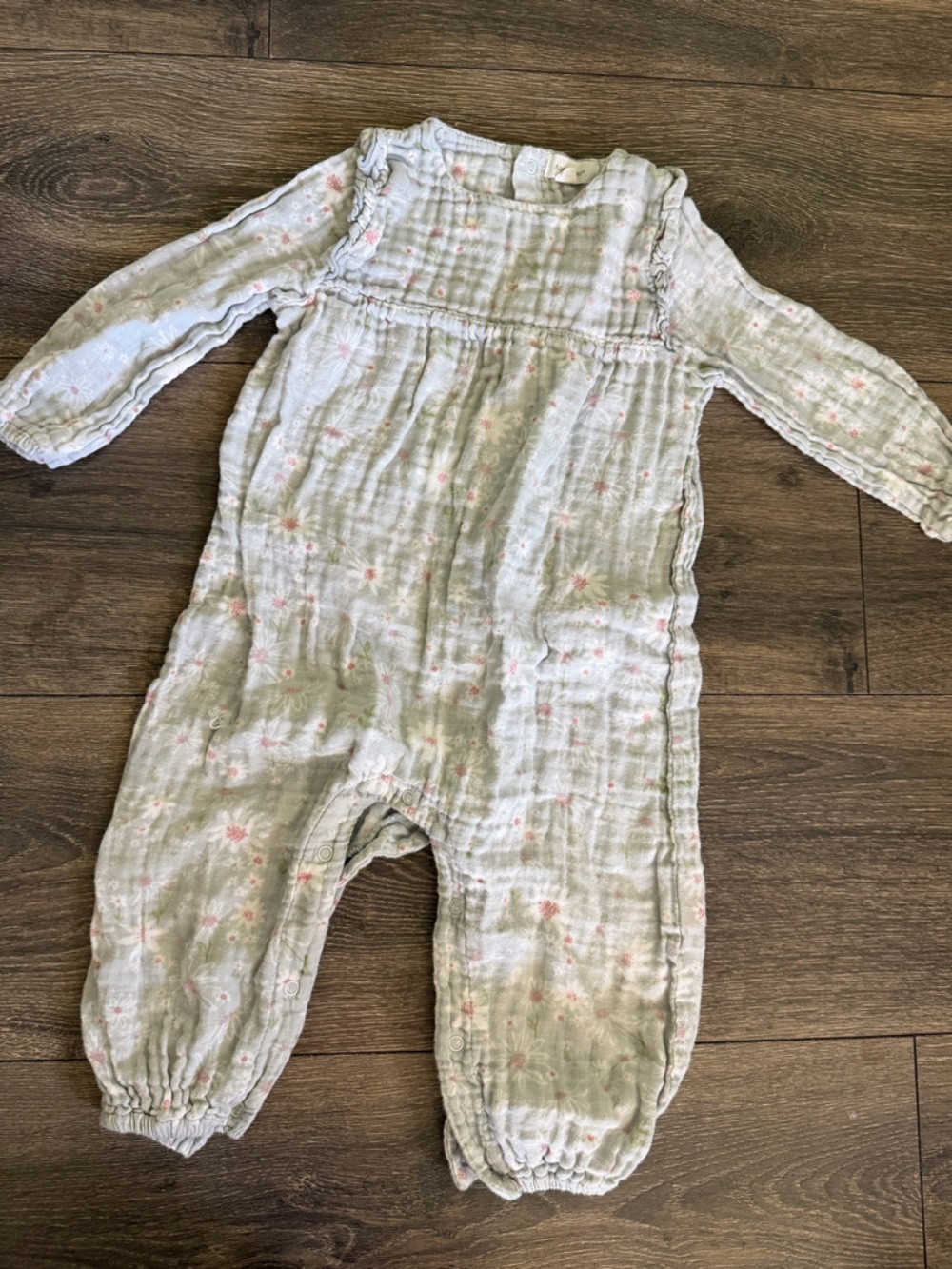 Sz 12-18m Angel Dear Grey Muslin Romper with Pink Floral Dots